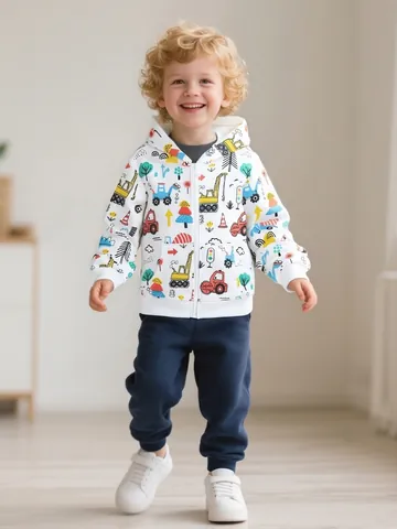 Boys Hooded Jacket Cartoon Construction Vehicle Print Zipper Hoodie Cotton Blend Autumn Casual Outerwear Long Sleeve Top