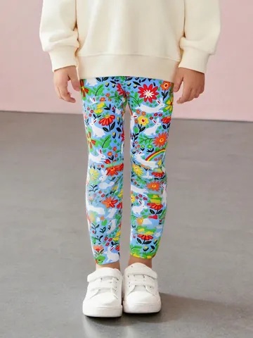 Leggings Casual da Bambina in Cotone con Stampa Pantaloni Elastici Morbidi Cartone Animato Coniglio Floreale Vita Elastica