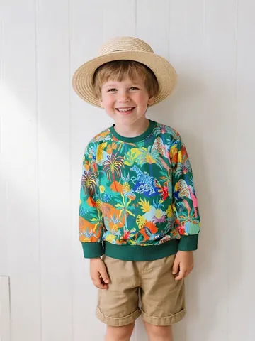 Boys Casual Crewneck Sweatshirt All Over Tropical Jungle Animal Print Long Sleeve Pullover Tops For Toddler Autumn Clothing