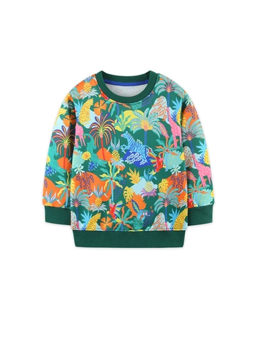 Boys Casual Crewneck Sweatshirt All Over Tropical Jungle Animal Print Long Sleeve Pullover Tops For Toddler Autumn Clothing