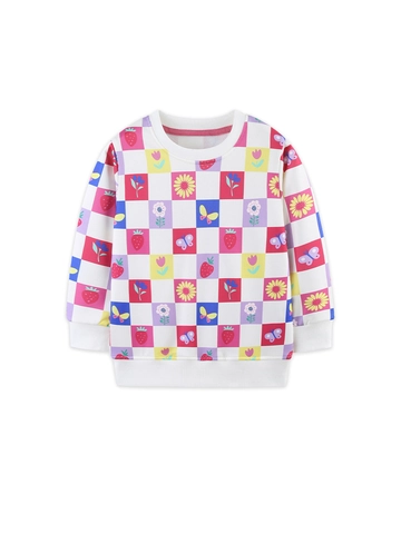 Felpa a Maniche Lunghe da Bambina Scacchiera Colorata Stampa Cartoon Girocollo Autunno Casual Pullover in Poliestere Morbido