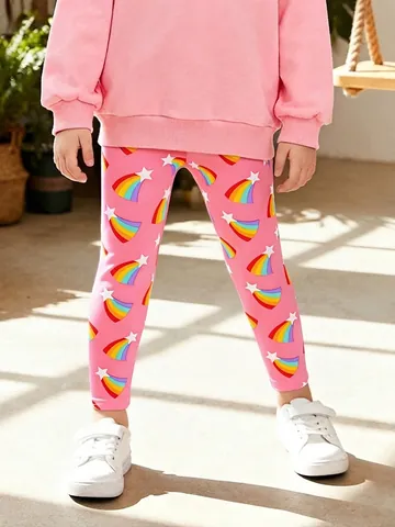Damen Herbst Baumwolle Leggings Rosa Regenbogen Stern Druck Elastischer Bund Hose Für Kinder Weich Atmungsaktiv Mode Hosen