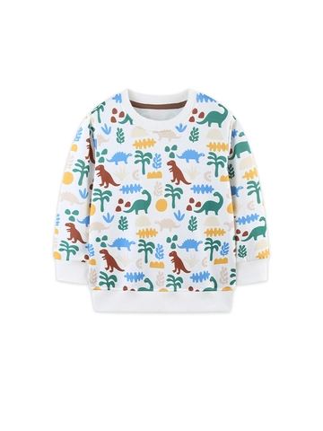 Sweat-shirt Mode Garçon Dinosaure en Polyester Souple Imprimé Dessin Animé Manches Longues Col Rond Automne Décontracté pour Enfants