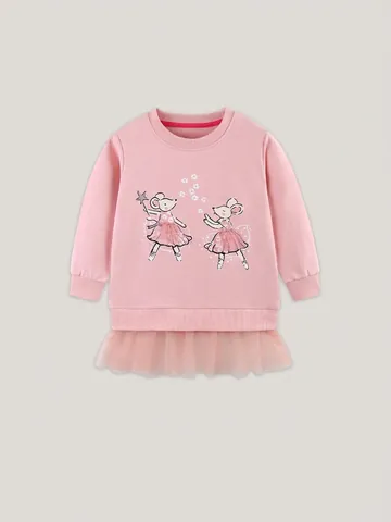 Robe Sweatshirt pour Filles avec Imprimé Souris de Dessin Animé et Ourlet en Maille Patchwork Manches Longues Coton Automne Rose