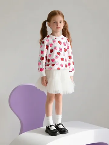 Felpa Pullover a Girocollo da Bambina Con Fantasia a Fragole Carine Top a Maniche Lunghe in Poliestere per Bambini