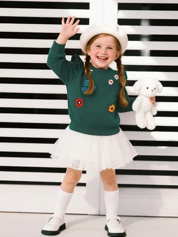 Mädchen Süßes Blumenstickerei Sweatshirt Langarm Flatterärmel Schulterrüschen Pullover Herbst Baumwolle Kinder Oberteil Grün