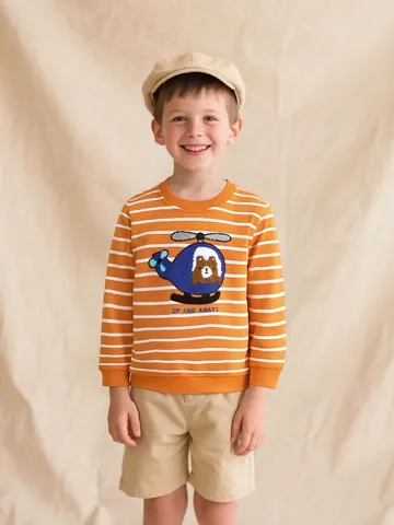 Jungen Herbst Gestreiftes Langarm Sweatshirt Baumwolle Pullover Mit Cartoon Bär Hubschrauber Handtuchstickerei Kinder Freizeit Top