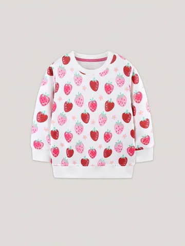 Felpa Pullover a Girocollo da Bambina Con Fantasia a Fragole Carine Top a Maniche Lunghe in Poliestere per Bambini