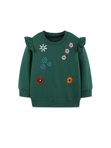 Mädchen Süßes Blumenstickerei Sweatshirt Langarm Flatterärmel Schulterrüschen Pullover Herbst Baumwolle Kinder Oberteil Grün