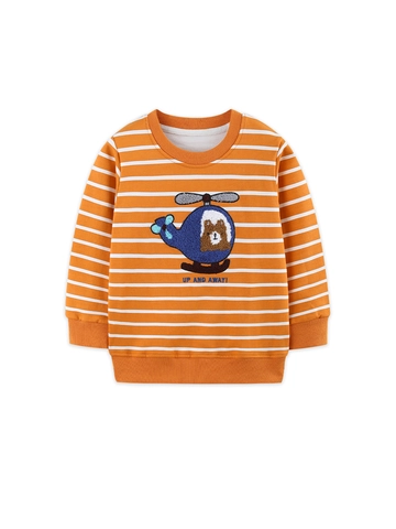 Jungen Herbst Gestreiftes Langarm Sweatshirt Baumwolle Pullover Mit Cartoon Bär Hubschrauber Handtuchstickerei Kinder Freizeit Top