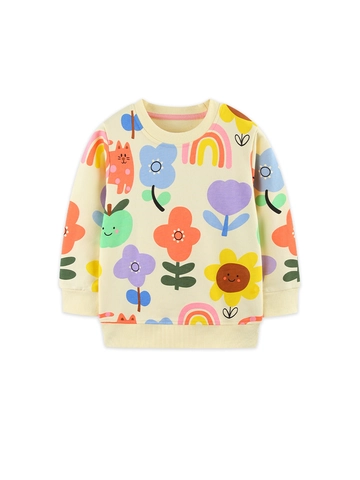 Girls Cotton Pullover Sweatshirt Long Sleeve Cartoon Cat Floral Printed Cream Sweatshirt For Toddler Girls Kids Casual Top