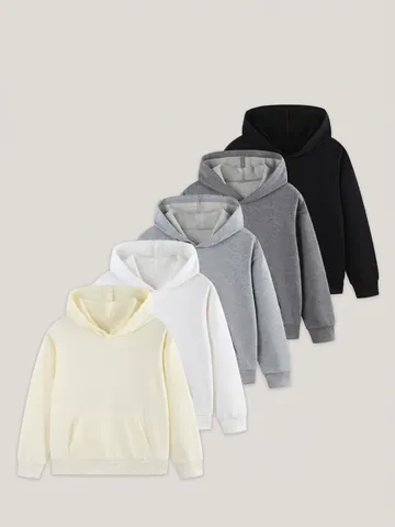 Kids Basic Solid Color Hooded Sweatshirt Cotton Polyester Blend Long Sleeve Pullover Hoodie With Kangaroo Pocket Casual Top