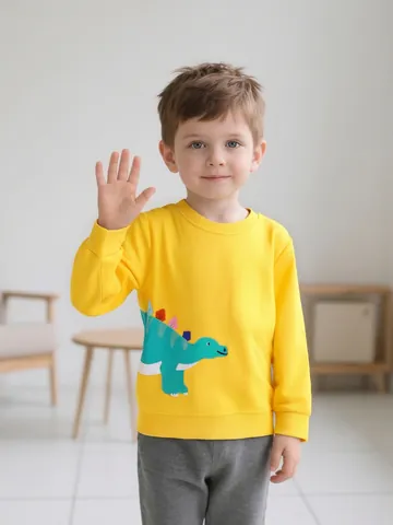 Dungen Baumwolle Strick Sweatshirt Gelb Dinosaurier Applikation Langarm Rundhals Pullover Tops Lässig Herbst Kinder Kleidung