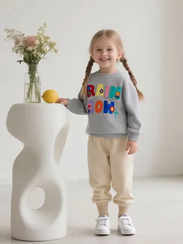 Sweat-shirt en Coton à Manches Longues pour Filles Arc-en-ciel Alphabet Floral Brodé Pull Gris Automne Décontracté