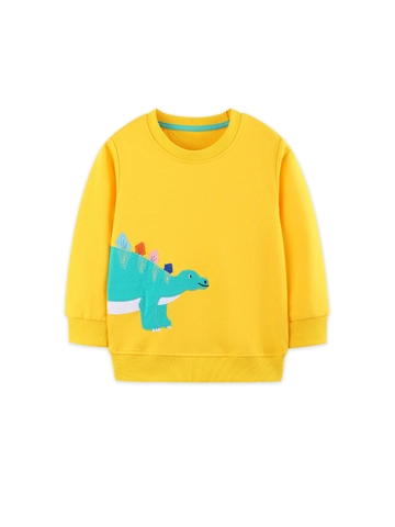 Dungen Baumwolle Strick Sweatshirt Gelb Dinosaurier Applikation Langarm Rundhals Pullover Tops Lässig Herbst Kinder Kleidung