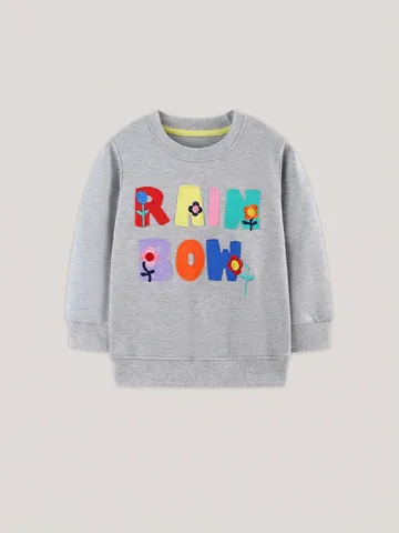Sweat-shirt en Coton à Manches Longues pour Filles Arc-en-ciel Alphabet Floral Brodé Pull Gris Automne Décontracté