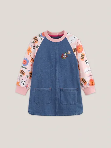 Robe à Manches Longues en Jean Patchwork pour Filles Imprimé Animal de Dessin Animé Broderie Princesse Casual