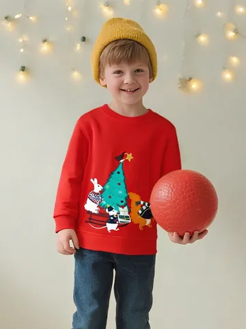 Girls Christmas Embroidered Red Sweatshirt Cotton Round Neck Long Sleeve Pullover Holiday Festive Children Casual Top