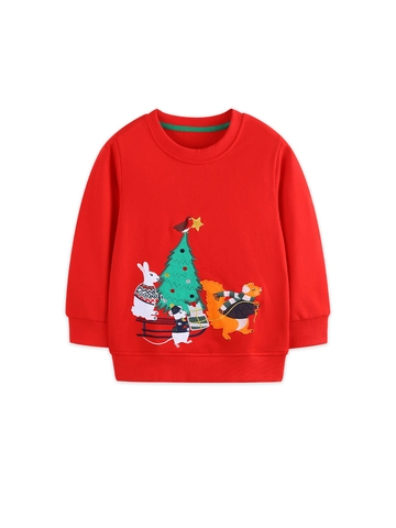 Girls Christmas Embroidered Red Sweatshirt Cotton Round Neck Long Sleeve Pullover Holiday Festive Children Casual Top