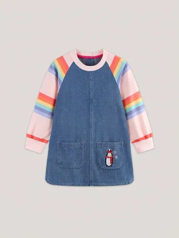 Robe en Denim de Coton Brodé pour Filles Manches Longues Arc-en-ciel Patchwork Motif Manchot Robe de Soirée de Princesse pour Enfants