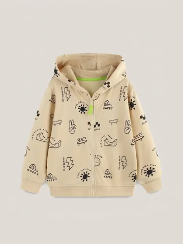 Kids Boys Hooded Jacket Zip Up Hoodie Graffiti Printed Cotton Blend Autumn Streetwear Casual Long Sleeve Outerwear Coat