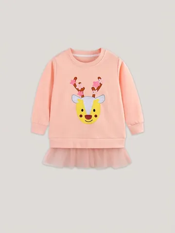 Robe Sweat Rose Imprimé Renne de Noël pour Petites Filles Tutu en Maille Manches Longues Pull en Coton Automne