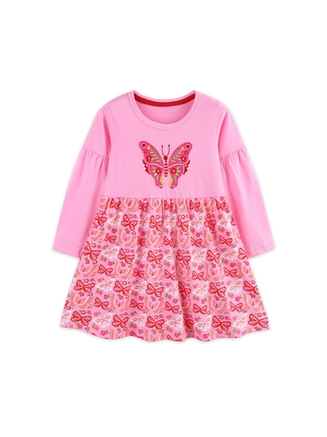 Abito a Maniche Lunghe in Cotone Rosa per Bambine Ricamo Farfalla Dolce Stampa Floreale Girocollo Vestito da Principessa