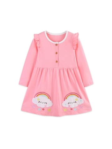 Mädchen Rosa Langarm Baumwolle Prinzessin Kleid Mit Regenbogen Wolke Stickerei Rüschen Für Kleinkinder Herbst Kleidung