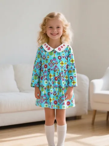 Abito a Maniche Lunghe da Ragazza Con Stampa Floreale Colletto Peter Pan Ricamato in Morbido Cotone Linea ad A Autunno Primavera