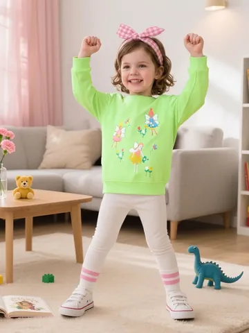 Mädchen Neon Grün Cartoon Fee Bestickt Sweatshirt Lässig Langarm Rundhals Baumwolle Pullover Top Kinder Herbst Mode Outfit