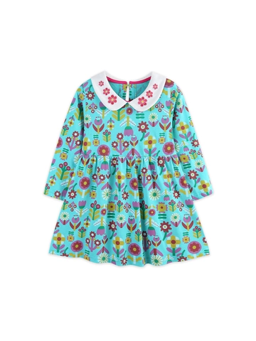 Abito a Maniche Lunghe da Ragazza Con Stampa Floreale Colletto Peter Pan Ricamato in Morbido Cotone Linea ad A Autunno Primavera