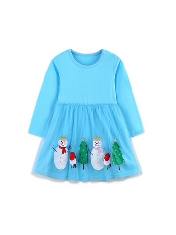 Robe de Noël à Manches Longues pour Filles Bleu Ciel en Coton et Tulle Robe de Princesse Avec Appliqué Bonhomme de Neige