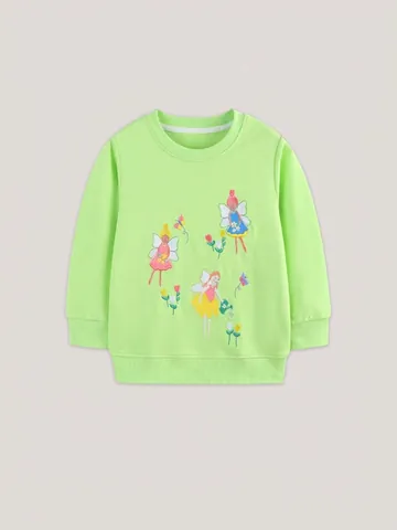 Mädchen Neon Grün Cartoon Fee Bestickt Sweatshirt Lässig Langarm Rundhals Baumwolle Pullover Top Kinder Herbst Mode Outfit