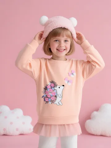 Robe à Capuche en Coton Rose pour Filles Manches Longues Broderie Hérisson Épissure de Maille Robe Sweat pour Enfants
