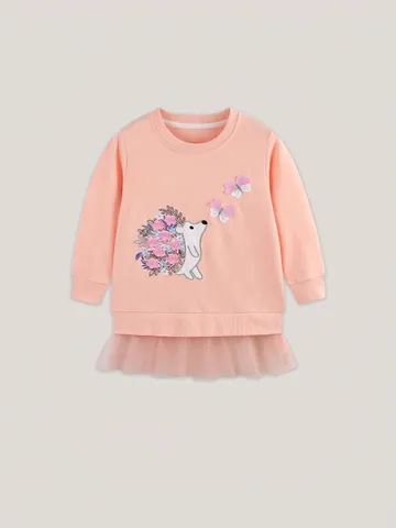 Robe à Capuche en Coton Rose pour Filles Manches Longues Broderie Hérisson Épissure de Maille Robe Sweat pour Enfants