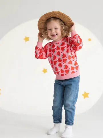 Girls Casual Pink Strawberry Print Sweatshirt Cute Cartoon Ladybug Pattern Long Sleeve Round Neck Pullover For Kids Clothes