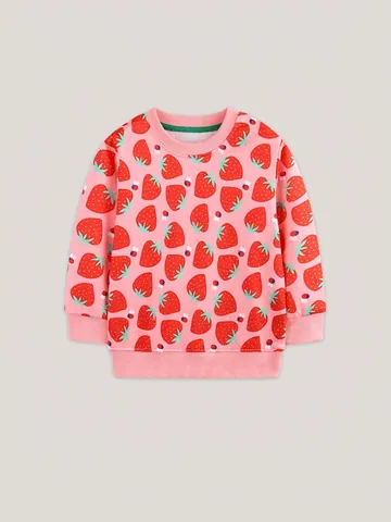 Girls Casual Pink Strawberry Print Sweatshirt Cute Cartoon Ladybug Pattern Long Sleeve Round Neck Pullover For Kids Clothes