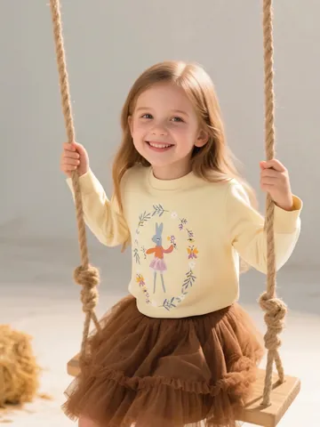 Mädchen Baumwolle Sweatshirt Langarm Europäischer Stil Süßer Cartoon Hase Blumendruck Rundhalsausschnitt Lässiges Top