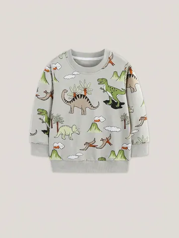 Felpa da Ragazzo in Cotone a Maniche Lunghe con Stampa a Cartoni Animati di Dinosauri Pullover Casual Grigio Chiaro Girocollo