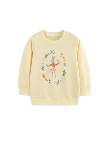 Girls Cotton Sweatshirt Long Sleeve European Style Cute Cartoon Rabbit Floral Print Round Neck Casual Pullover Tops