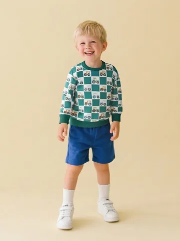 Boys Cartoon Tractor Printed Sweatshirt Checkerboard Green White Long Sleeve Pullover Soft Fabric Casual Kids Fashion Top