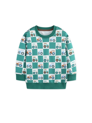 Boys Cartoon Tractor Printed Sweatshirt Checkerboard Green White Long Sleeve Pullover Soft Fabric Casual Kids Fashion Top