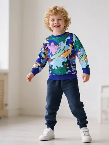 Fashion Kids Dinosaur Print Sweatshirt Boys Crew Neck Long Sleeve Polyester Pullover Autumn Casual Active Sport Top