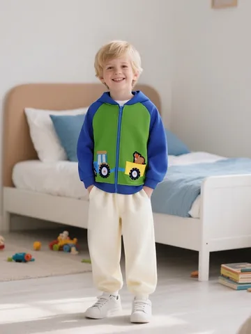 Boys Western Fashion Cartoon Tractor Embroidery Hooded Zipper Jacket Autumn Green Blue Color Block Toddler Sweatshirt Coat