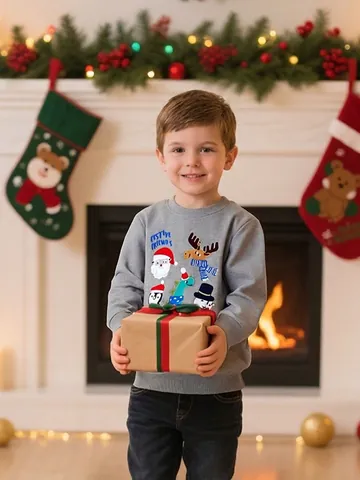 Kinder Kleinkind Weihnachten Sweatshirt Bestickt Weihnachtsmann Rentier Pinguin Muster Grau Langarm Baumwolle Pullover Top