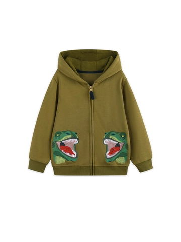 Toddler Boys Casual Cotton Blend Zip Up Hoodie Jacket With Cute Dinosaur Embroidery Ribbed Cuffs Long Sleeve Outerwear Cardigan