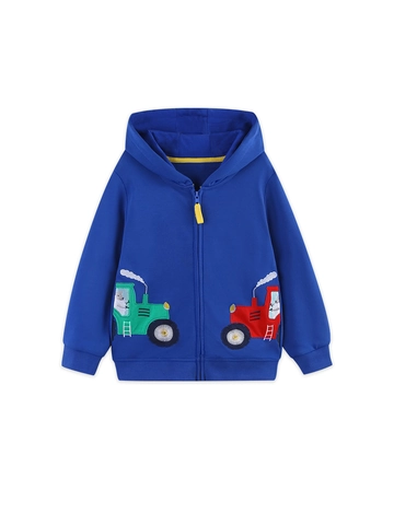 Boys Casual Cartoon Tractor Printed Hoodie Zipper Up Cotton Jacket Soft Long Sleeve Autumn Outerwear For Kids Blue Top
