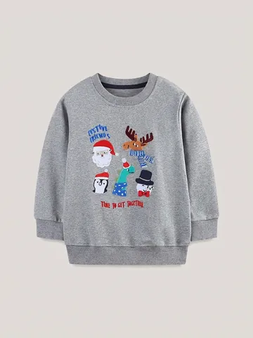 Kinder Kleinkind Weihnachten Sweatshirt Bestickt Weihnachtsmann Rentier Pinguin Muster Grau Langarm Baumwolle Pullover Top
