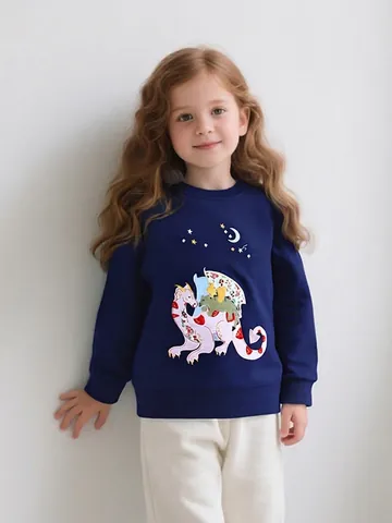 Felpa da Ragazza in Cotone Blu Marino Cartone Animato Dinosauro Applicazione Ricamo Manica Lunga Girocollo Pullover per Bambini Autunno
