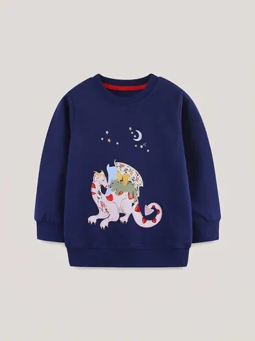 Felpa da Ragazza in Cotone Blu Marino Cartone Animato Dinosauro Applicazione Ricamo Manica Lunga Girocollo Pullover per Bambini Autunno